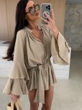 Women Spring Solid V neck irregular lace long sleeve dress