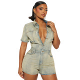 Women Stretch Short Sleeve Washed Denim Jumpsuit