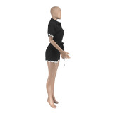 Women Summer Casual Lace Turndown Collar Lace Romper