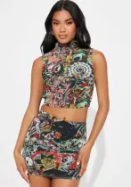Women Sexy Print Tank Top and Skirt Two Piece Set