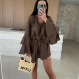 Women Spring Solid V neck irregular lace long sleeve dress