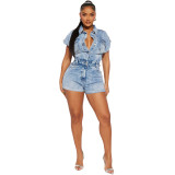 Women Stretch Short Sleeve Washed Denim Jumpsuit