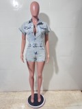 Women Stretch Short Sleeve Washed Denim Jumpsuit