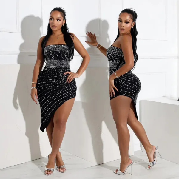 Women Strapless Beaded Sexy Irregular Dress