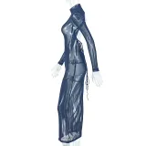 Women Elegant Sexy Backless Stand Collar Long Sleeve Solid Maxi Dress