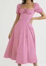 Women Spring and Summer French style puff sleeve lace slit Maxi Dress