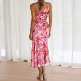Women Slash Shoulder suspender fishtail print dress