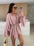 Women Spring Solid V neck irregular lace long sleeve dress