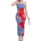 Women Spring elegant floral Strapless print Maxi Dress