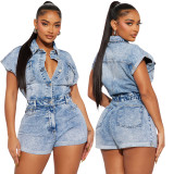 Women Stretch Short Sleeve Washed Denim Jumpsuit