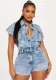 Women Stretch Short Sleeve Washed Denim Jumpsuit