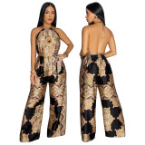 Women Summer Printed Sexy Backless Sleeveless Jumpsuit