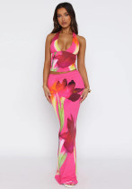 Women Summer Halter Neck Print Crop Top And Skirt Two Piece Set