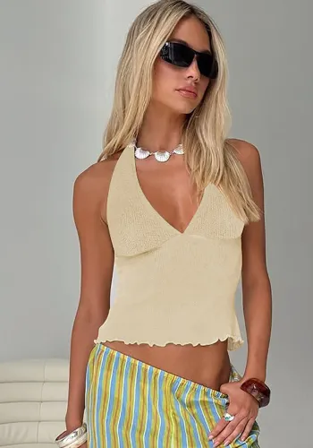 Women Summer V Neck Sexy Backless Vest Lace Top