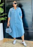 Women Summer Polo Neck Pocket Short Sleeve Denim Dress