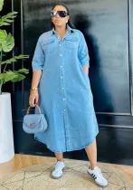 Women Summer Polo Neck Pocket Short Sleeve Denim Dress