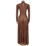 Women Sexy Leopard Print Long Sleeve Slit Dress