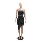 Women Strapless Beaded Sexy Irregular Dress