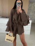 Women Spring Solid V neck irregular lace long sleeve dress