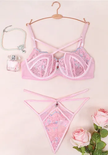 Women Pink Rhinestone Sexy Lingerie Set