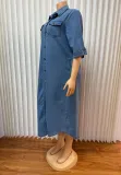 Women Summer Polo Neck Pocket Short Sleeve Denim Dress