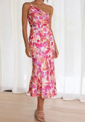 Women Slash Shoulder suspender fishtail print dress
