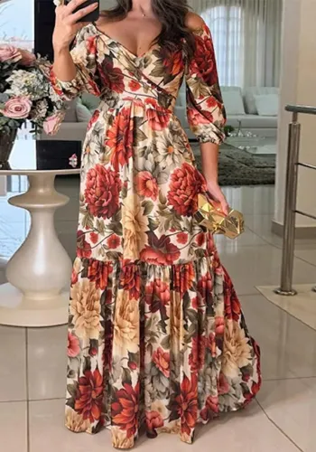 Women summer elegant print lace V neck dress