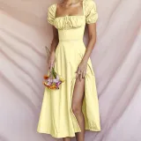 Women Spring and Summer French style puff sleeve lace slit Maxi Dress