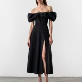 Women Spring and Summer French style puff sleeve lace slit Maxi Dress