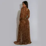 Women Sexy Leopard Print Long Sleeve Slit Dress