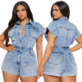 Women Stretch Short Sleeve Washed Denim Jumpsuit