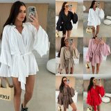 Women Spring Solid V neck irregular lace long sleeve dress
