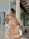 Women Summer Casual Lace Turndown Collar Lace Romper