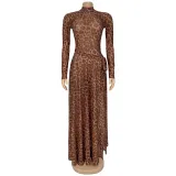 Women Sexy Leopard Print Long Sleeve Slit Dress