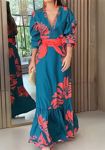 Women button V neck elegant print lace dress