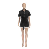 Women Summer Casual Lace Turndown Collar Lace Romper