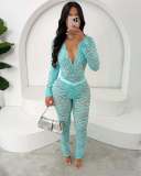 Women Solid Sexy Lace Hollow V Neck See-Through Long Sleeve Top Trousers Two Piece Set