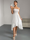 Women Summer Suspender Solid Sleeveless Pleated Irregular Maxi Dress