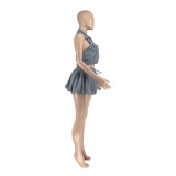 Women Summer Backless Top and Bubble Mini Skirt Two Piece Set