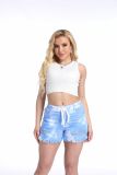 Women's Tie-Dye Style Mid-Waist Drawstring High-Stretch Ripped Tassel Denim Shorts
