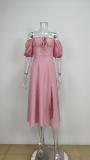 Women Spring and Summer French style puff sleeve lace slit Maxi Dress