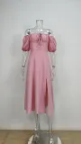 Women Spring and Summer French style puff sleeve lace slit Maxi Dress