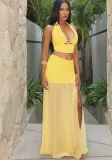 Women's Halter Neck Hollow Top & Chiffon Patchwork Skirt Two-Piece set