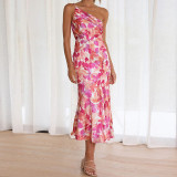 Women Slash Shoulder suspender fishtail print dress