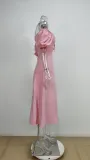 Women Spring and Summer French style puff sleeve lace slit Maxi Dress