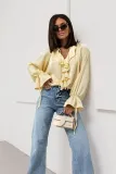 Women Spring ruffled Bell Bottom sleeve V neck lace shirt