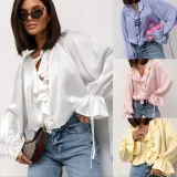 Women Spring ruffled Bell Bottom sleeve V neck lace shirt