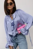Women Spring ruffled Bell Bottom sleeve V neck lace shirt