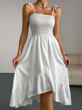 Women Summer Suspender Solid Sleeveless Pleated Irregular Maxi Dress