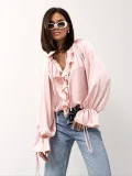 Women Spring ruffled Bell Bottom sleeve V neck lace shirt